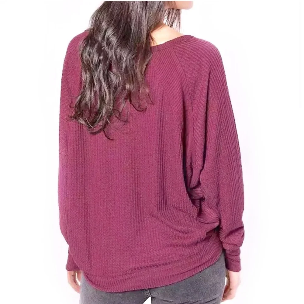 FREE PEOPLE SANTA CLARA THERMAL OVERSIZED TOP MULBERRY V-NECK  PULLOVER … - Picture 10 of 14